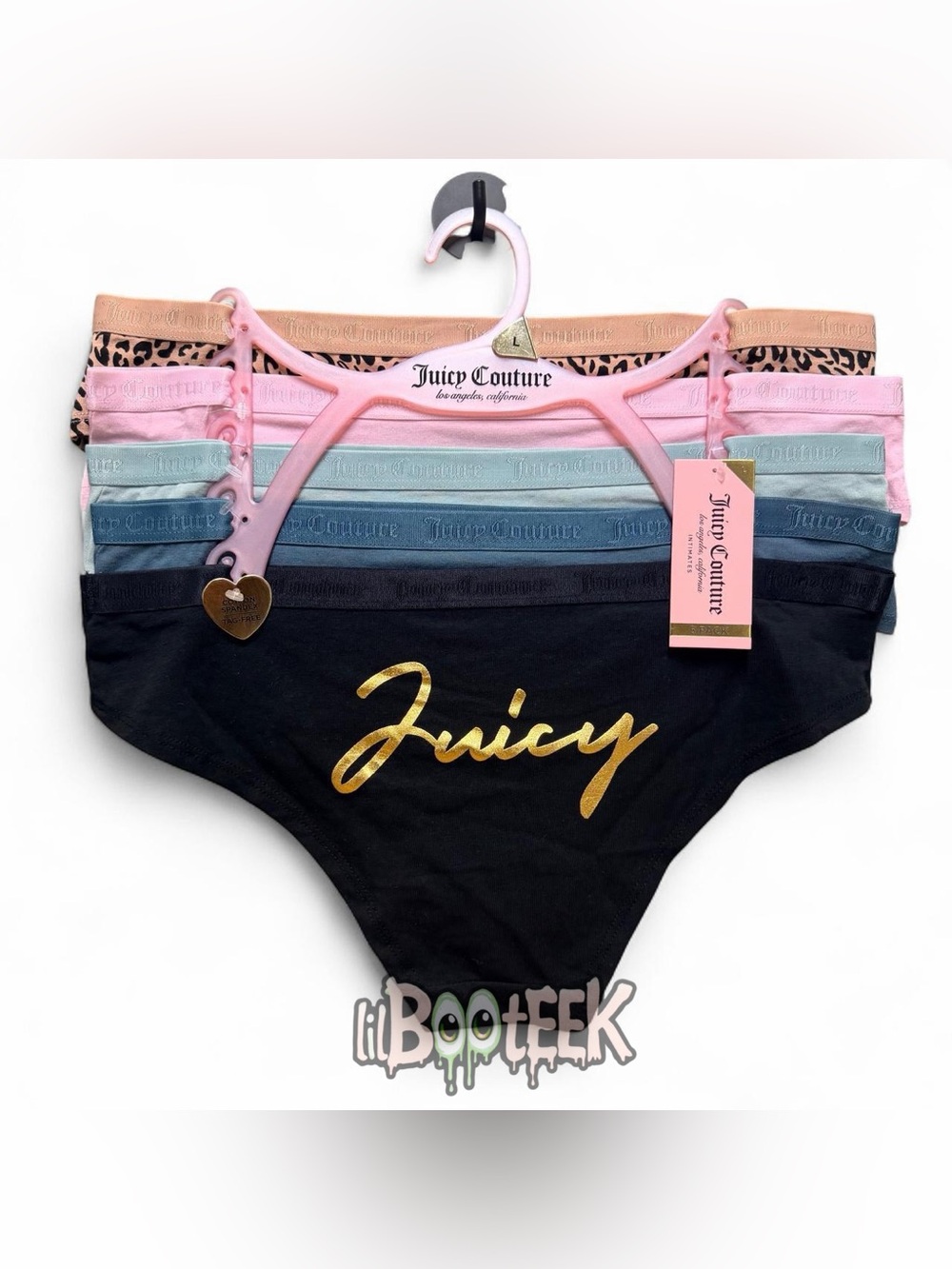 Juicy Couture 5 Pack Panties Leopard Print Black Pink Blue Gray LG NEW Y2K